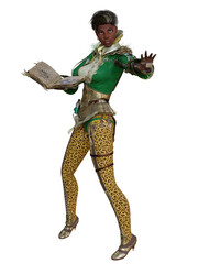 A 3d rendered fantasy female character as a witch with a book and spell pose. 