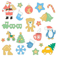 Christmas set consisting of toys, tree, Santa, Teddy bear, cookies, train, bells, penguin, wooden horse, stars, color vector clip art on white isolated background