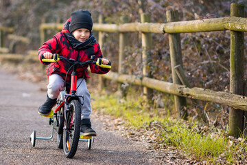 Fototapeta na wymiar Cheerful little boy while riding bicycle in the park.