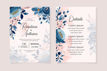 Wedding invitation card with blue floral watercolor