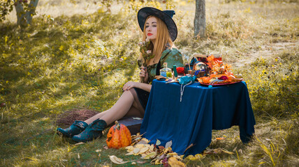 Mystical scene at garden, nice witch woman, magical look, Halloween ideas, costume