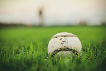 A sliothar lies in the grass with an out of focus background with plenty of copy space