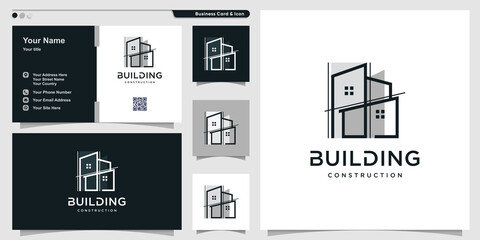 Fototapeta na wymiar Building logo with unique line art style and business card design Premium Vector