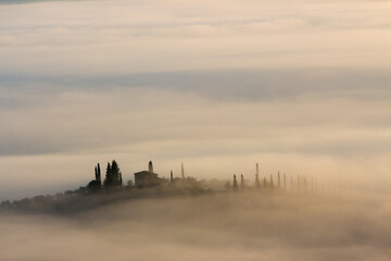 colline toscane val d'orcia con nebbia all'alba