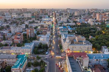ROSTOV-ON-DON, RUSSIA - SEPTEMBER 2020: central intersection of Rostov-on-Don, Budenovskiy and Bolshaya Sadovaya streets. Historical tourist buildings, shopping center.