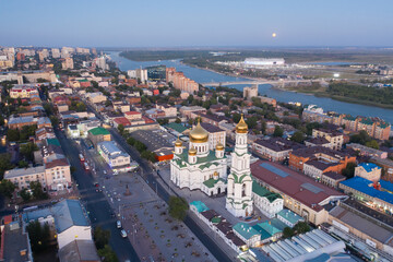 ROSTOV-ON-DON, RUSSIA - SEPTEMBER 2020: Panoramic view of the central part of Rostov-on-Don. Central Market, Cathedral of the Nativity of the Blessed Virgin, drone aerial view