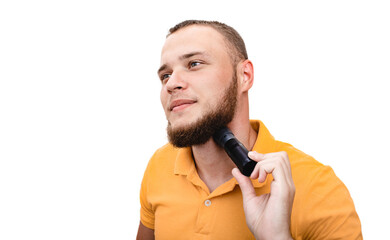 Caucasian man uses a throatophone to speak after removing the vocal cords. Laryngophone helping...