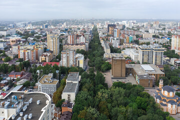 Panorama of the city of Rostov on Don, Pushkinskaya street, residential areas and the public library, aerial view