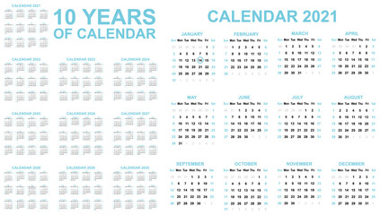 Fototapeta na wymiar 2021-2030 ten years of calendar simple blue