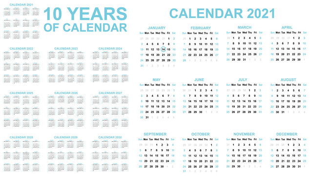 2021-2030 ten years of calendar simple blue