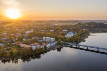 Scenic aerial view of small ancient touristic town Sortavala near Ladoga lake in Karelia. Popular historic city on the North of Russian Federation