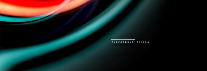 Dynamic motion abstract background. Color blurred stripes on black. Wave liquid lines poster. Vector illustration