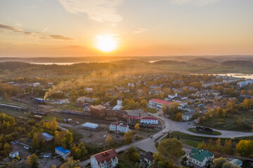 Center of Sortavala, a city on the border with Finland, a tourist destination in Karelia. Ladoga lake. Top view frome drone.