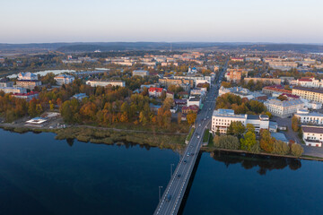 Obraz premium Center of Sortavala, a city on the border with Finland, a tourist destination in Karelia. Ladoga lake, Ladoga skerries. Top view frome drone.
