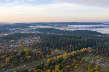 Sortavala outskirts. Karelian nature from above. Morning northern landscape, Russian north.