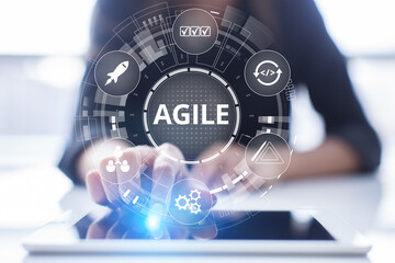 Agile development methodology concept on virtual screen. Technology concept.