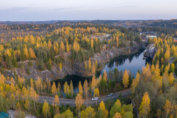 Autumn view of the quarry in the Ruskeala mountain park. A popular tourist destination in Karelia, the nature of the Russian north.