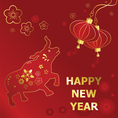 Happy Chinese new year 2021 greeting with lantern,flower,ox in paper cut art and craft style