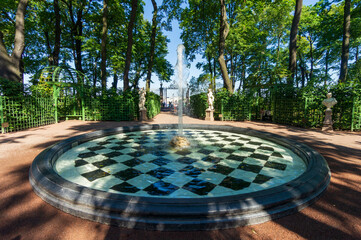 Fountain on Tsaritsa Ground at the Summer Park in St. Petersburg, Russia.  Travel and architecture.