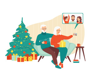 Elderly gray-haired woman and a man are talking with their family via video call on a smartphone. Remote communication with retirees, grandparents. New Years Christmas holidays. Vector illustration