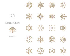 set of snowflake thin line icons, gold snow, winter, christmas