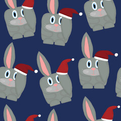 New Year seamless pattern with emotional hares with Santa hats on a dark background