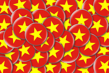 Many round badges with a Flag Of Vietnam. Travels. Symbols.