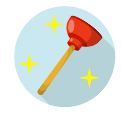 Plunger in blue circle. Drain cleaner. Plumber's tool. Yellow stars shining. red object. Cartoon flat illustration