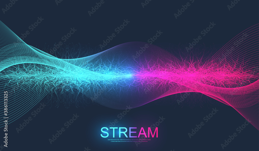 Fototapete Digital streaming background, wave flow. Plexus stream background. Abstract dynamic motion lines and dots background with colorful particles. Big Data technology. Vector illustration.
