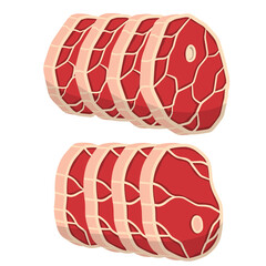 Set of Piece of raw meat. Cartoon illustration. Cut off half beef piece. Element of kitchen, grill, BBQ, steak and delicious meal. Fresh red food with streaks and fat