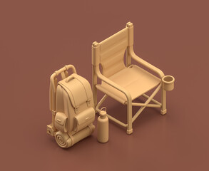 Folding chair and backpack. Isometric camping object and scene, monochrome yellow camping equipment on brown background, 3D Rendering