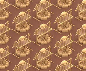 Isometric roasting chicken over camping fire. monochrome yellow camping equipment on brown background, 3D Rendering