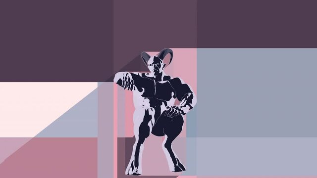 Animation of a horned character, imp, devil sitting relaxed on a graphic background and conducting a mental conversation with the viewer. Flat video with 3d animation