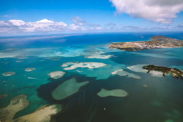 Aerial Kaneohe Bay Sandbar is the largest sheltered body of water in the main Hawaiian Islands.  Oahu Hawaii. 