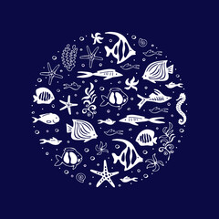 Graphic sea round pattern with cartoon white fishes on a blue background. 