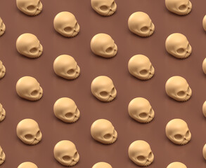 Isometric human skull and bone on the ground monochrome yellow on brown background, 3D Rendering, dangerous extreme sports, archeology