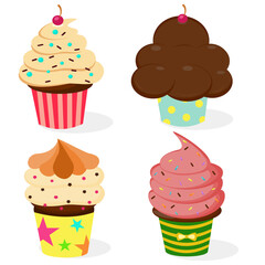 Sweet food chocolate creamy cupcake set isolated vector illustration