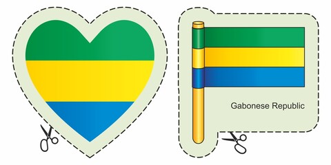 Flag of Gabon, Gabonese Republic. Vector cut sign here, isolated on white. Can be used for design, stickers, souvenirs.
