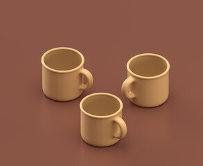 three tea mugs on the brown background, monochrome single flat colors, 3d rendering, camping equipments