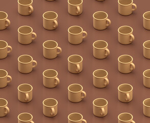 Multiple tea cups in grid array on the brown background, monochrome single flat colors, 3d rendering, camping equipments