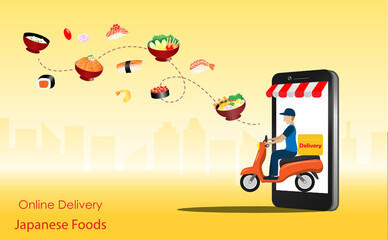 Delivery man riding motorbike from smart phone screen deliver  foods to customer with spreading of sushi, ramen and japanese food. Online food delivery, Japanese cusisine concept. Vector Illustration.