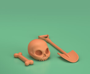 A human skeleton and a shovel on the ground in green background. Single flat color outdoor, 3d rendering, grave digging