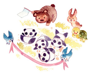 子パンダの転がり徒競走（ピンクリボン）