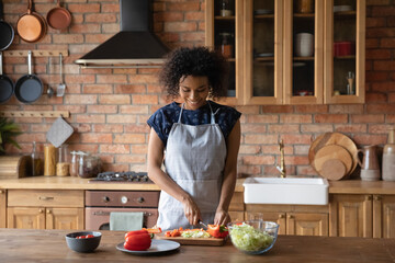 Smiling young African American woman prepare healthy delicious diet dish at home kitchen. Happy...