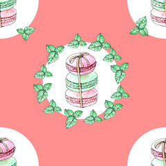 Seamless pattern with macaroons and mint for textile, paper, website, card. Watercolor illustration on pink background.