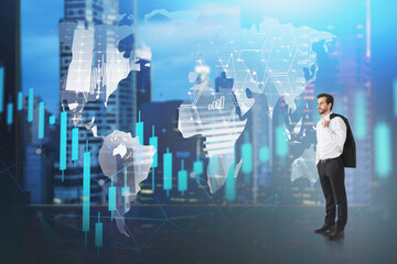 Businessman in city, financial graph