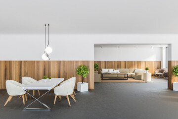 Interior of modern white and wooden dining room and living room