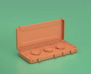 Isometric camping stove, monochrome yellow camping equipment on green background, 3D Rendering