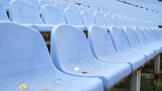 Empty Seats In Stadium. Blue Plastic Seats In  Stadium Without Spectators And Fans
