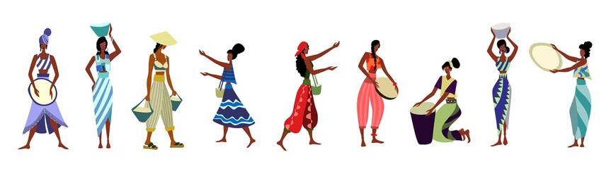Fototapeta premium Female diverse faces of different ethnicity. Women empowerment movement pattern. International women s day graphic in vector.